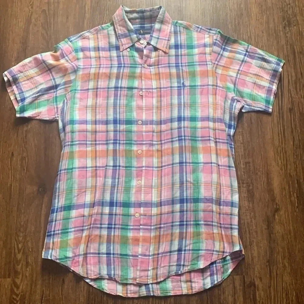 Ralph Lauren Polo Plaid Shirt Size Medium 100% Linen